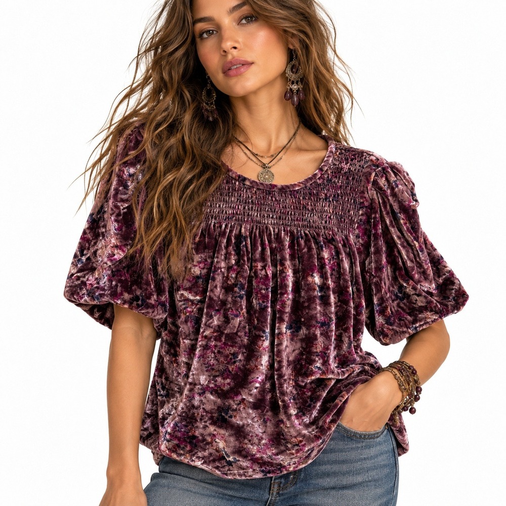 Rebecca Taylor Plum Floral Velvet Smock Puff Sleeve Blouse Sz 6 Dark Romantic